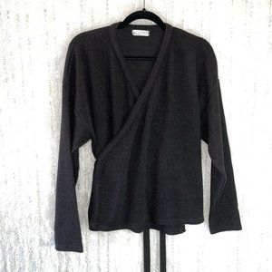 French Chic Wrap Top Sweater Women’s Size 2X 3X Black Knit Side Tie Knot Belt